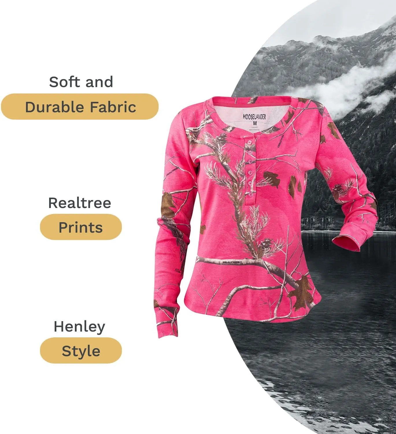 – Ladies Long Sleeve Henley Shirt in Realtree Camo Print