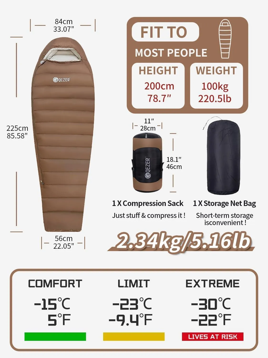 0 Degree Sleeping Bag for Adults - 660 Fill Power Down Bag for Cold Weather -20F / -8F / 0F / 10F Large Lightweight