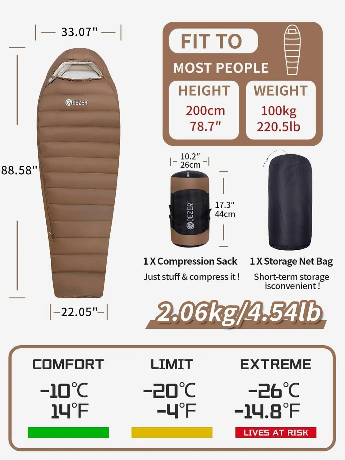 0 Degree Sleeping Bag for Adults - 660 Fill Power Down Bag for Cold Weather -20F / -8F / 0F / 10F Large Lightweight