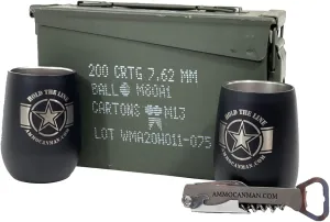 (1) 30 Cal Grade 1 Military Ammo Can (Used) - (2) Laser Engraved, “Hold The Line” Insulated Wine Tumblers - (1) Laser Engraved, Corkscrew/Multi-Tool