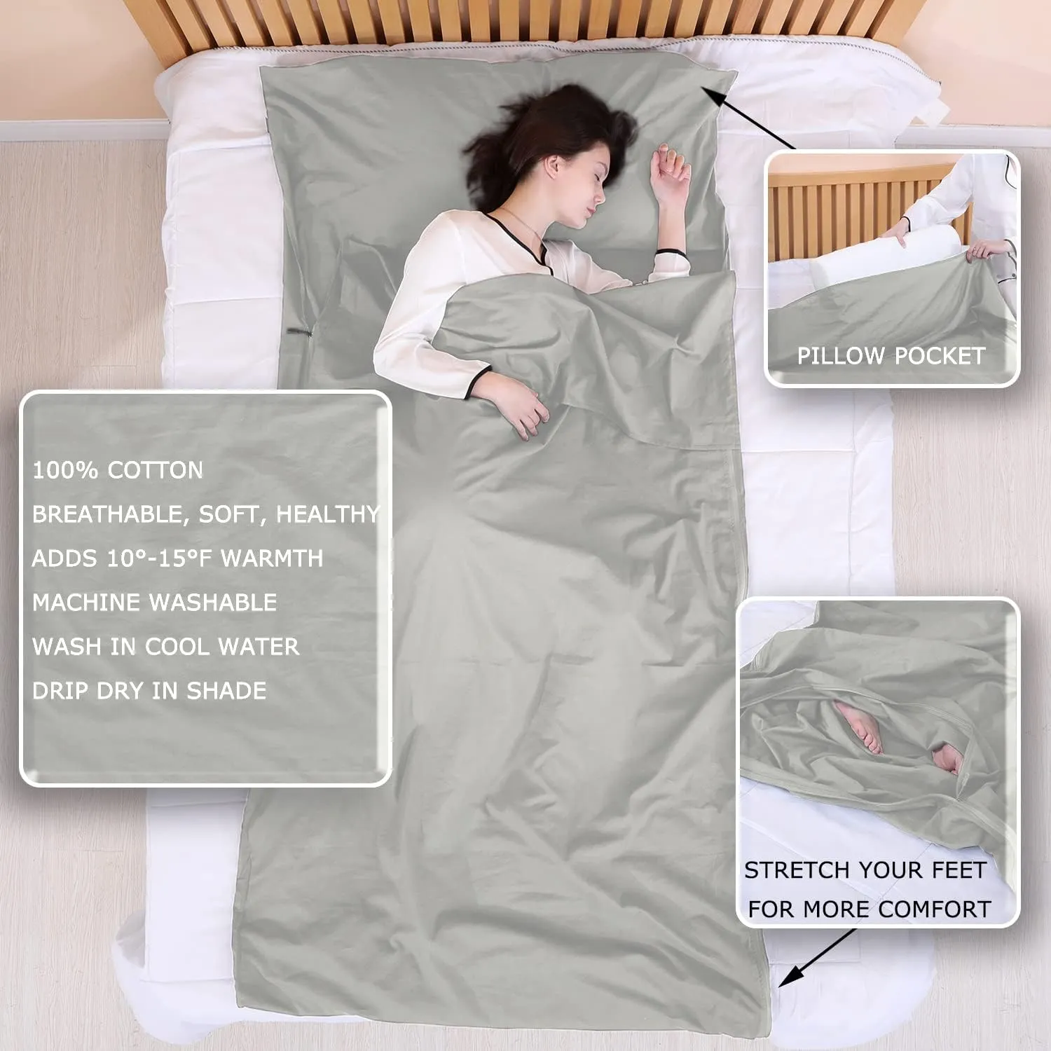 100% Cotton Sleeping Bag Liner with Full Length Zipper on 3 Sides; Single/Double Adult Sleep Sack for Travel & Camping, Multifunctional Travel Sheets (Unzipped 87”x87”) for Hotel, Lightweight