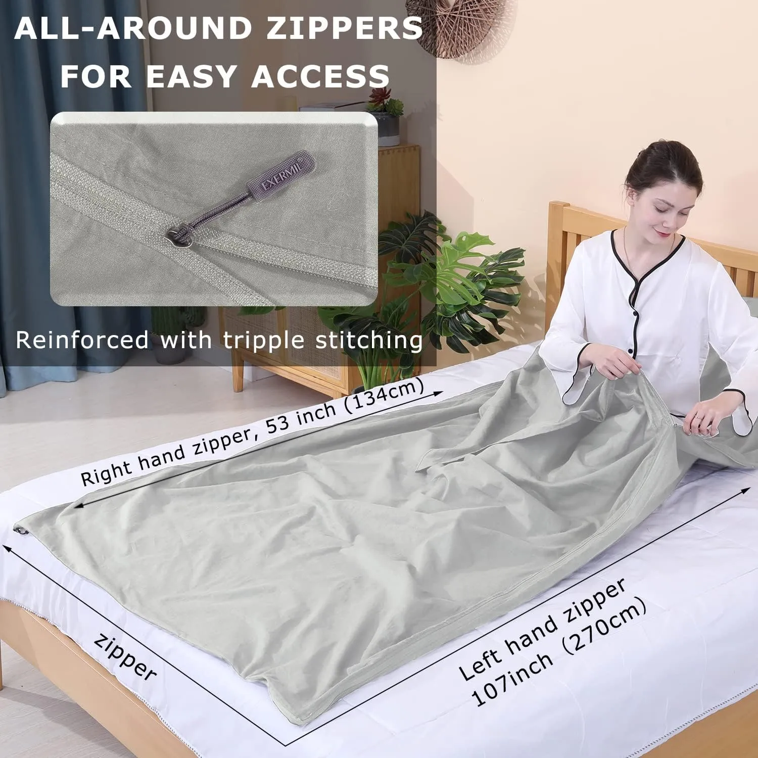 100% Cotton Sleeping Bag Liner with Full Length Zipper on 3 Sides; Single/Double Adult Sleep Sack for Travel & Camping, Multifunctional Travel Sheets (Unzipped 87”x87”) for Hotel, Lightweight