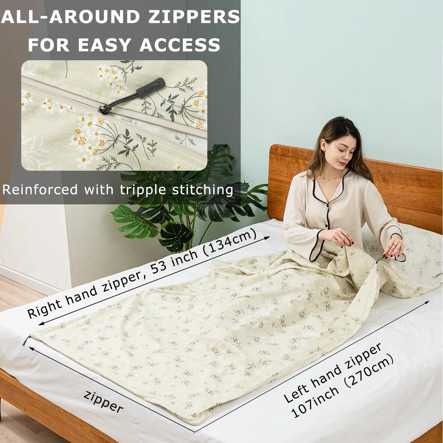 100% Cotton Sleeping Bag Liner with Full Length Zipper on 3 Sides; Single/Double Adult Sleep Sack for Travel & Camping, Multifunctional Travel Sheets (Unzipped 87”x87”) for Hotel, Lightweight