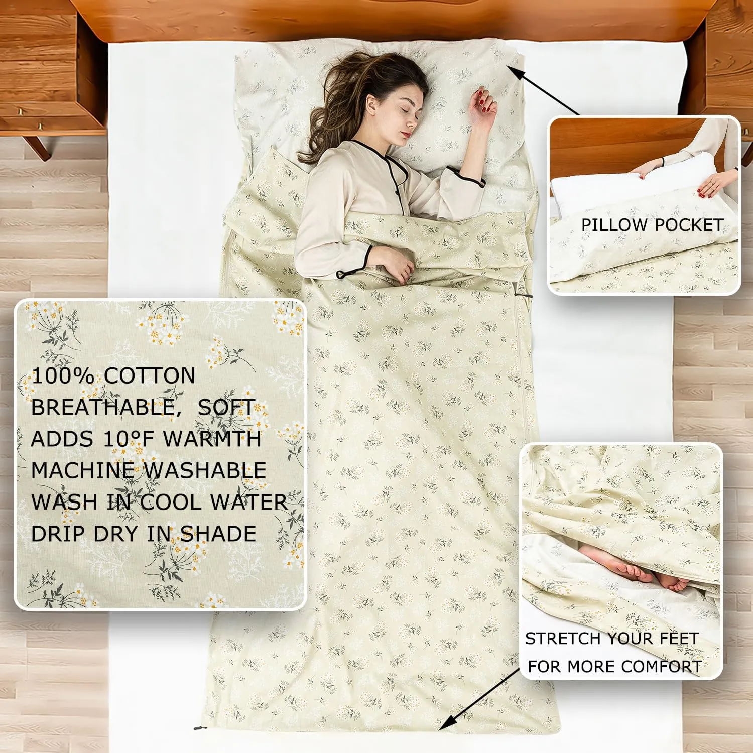 100% Cotton Sleeping Bag Liner with Full Length Zipper on 3 Sides; Single/Double Adult Sleep Sack for Travel & Camping, Multifunctional Travel Sheets (Unzipped 87”x87”) for Hotel, Lightweight