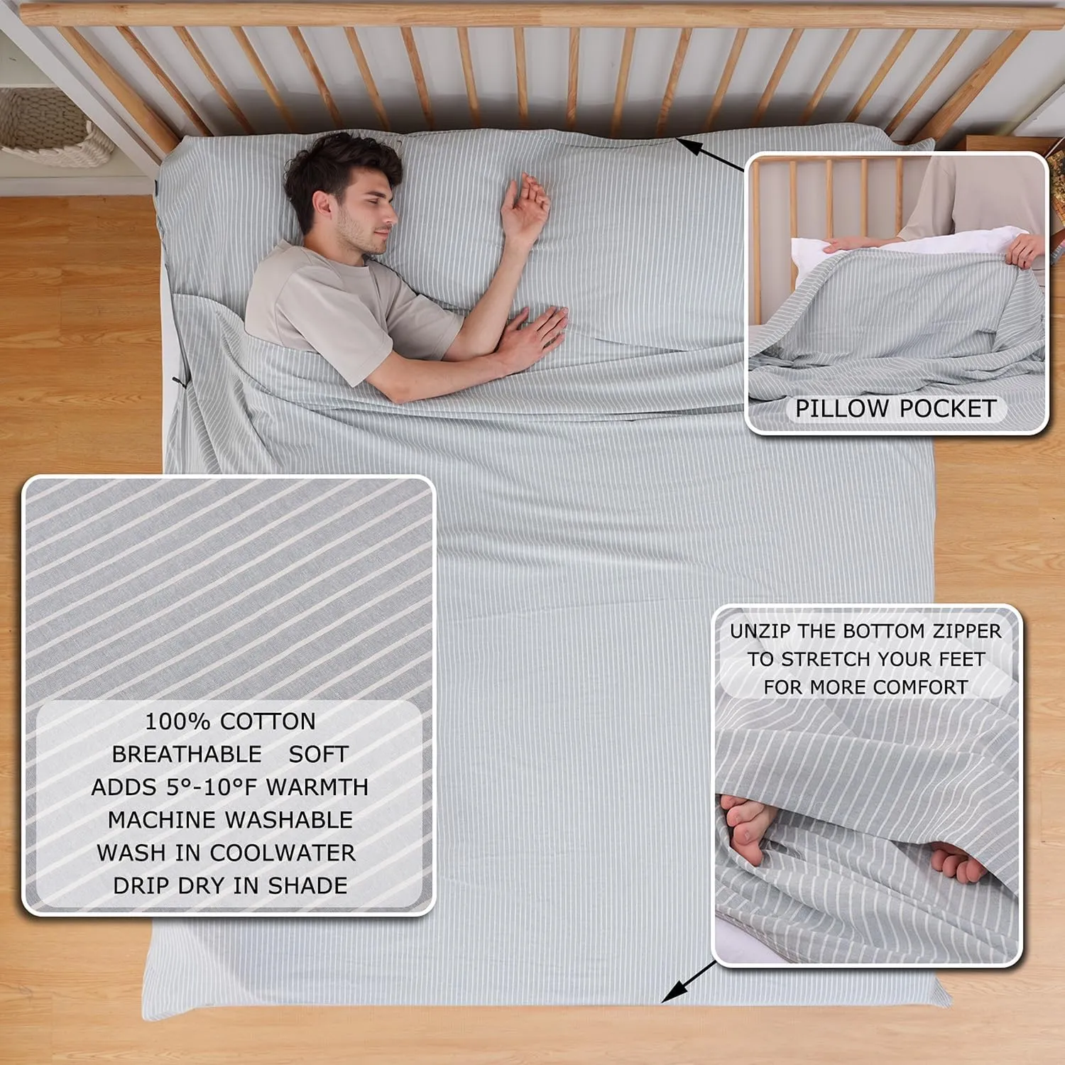 100% Cotton Sleeping Bag Liner with Full Length Zipper on 3 Sides; Single/Double Adult Sleep Sack for Travel & Camping, Multifunctional Travel Sheets (Unzipped 87”x87”) for Hotel, Lightweight