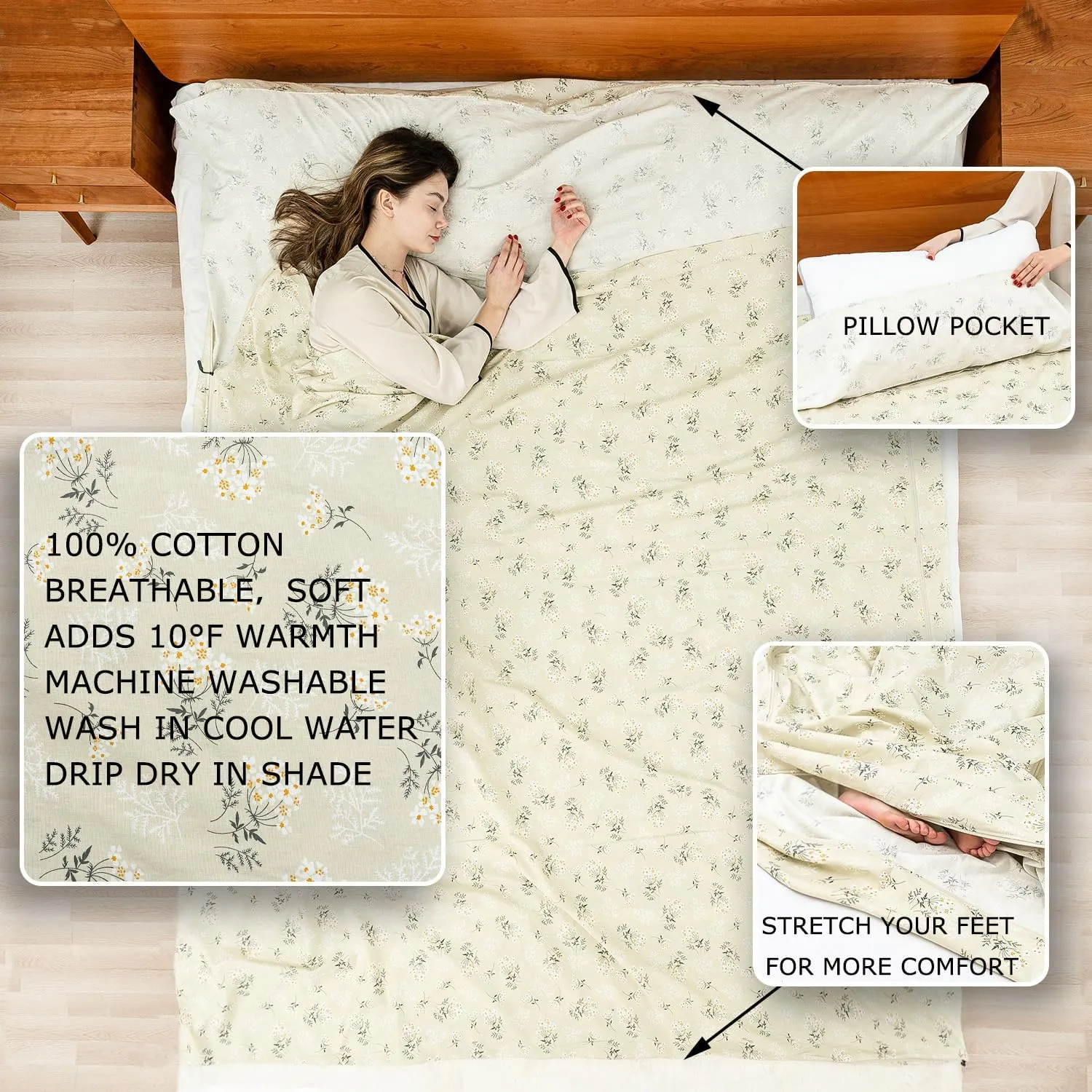 100% Cotton Sleeping Bag Liner with Full Length Zipper on 3 Sides; Single/Double Adult Sleep Sack for Travel & Camping, Multifunctional Travel Sheets (Unzipped 87”x87”) for Hotel, Lightweight