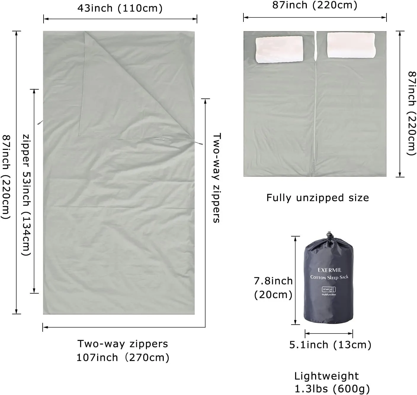 100% Cotton Sleeping Bag Liner with Full Length Zipper on 3 Sides; Single/Double Adult Sleep Sack for Travel & Camping, Multifunctional Travel Sheets (Unzipped 87”x87”) for Hotel, Lightweight