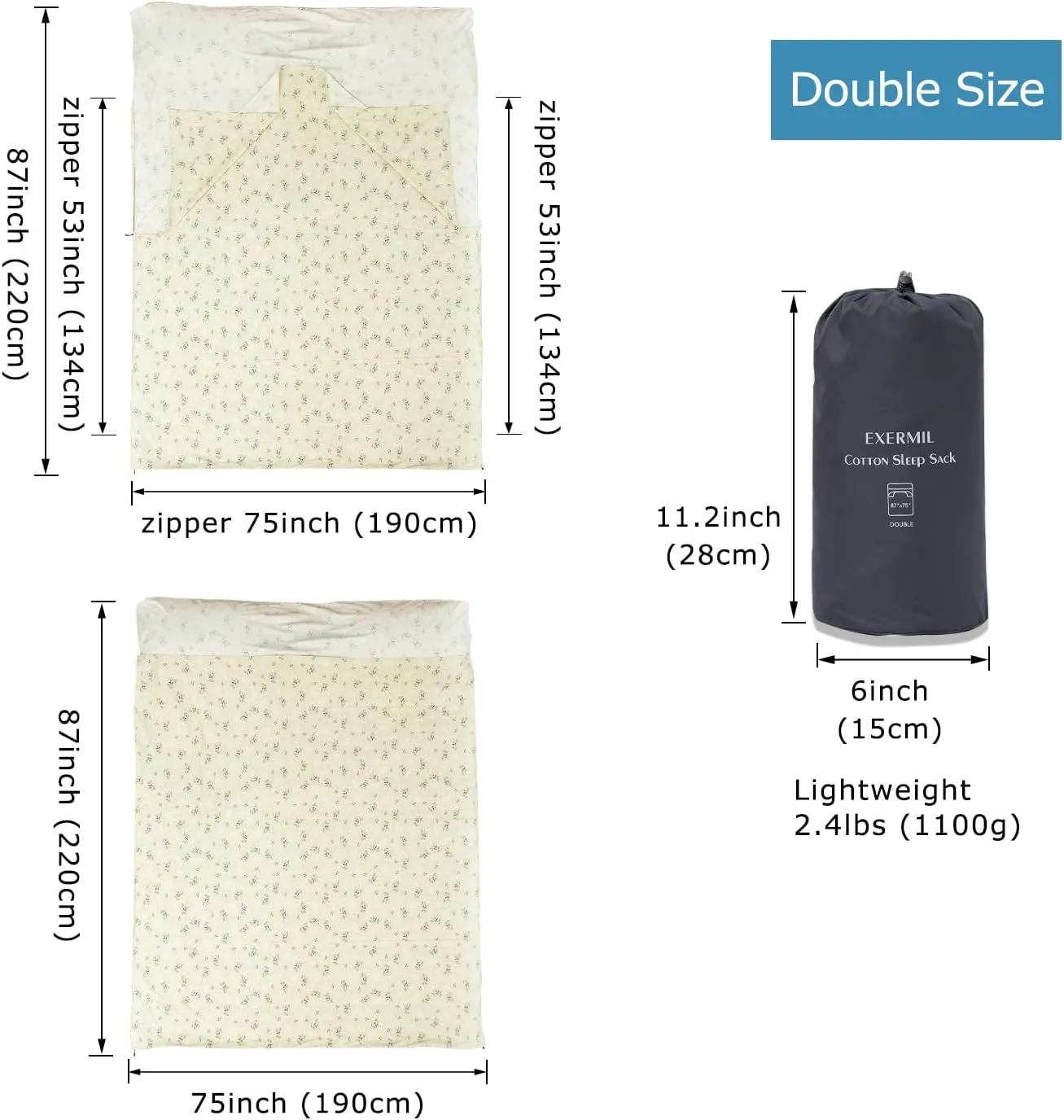 100% Cotton Sleeping Bag Liner with Full Length Zipper on 3 Sides; Single/Double Adult Sleep Sack for Travel & Camping, Multifunctional Travel Sheets (Unzipped 87”x87”) for Hotel, Lightweight