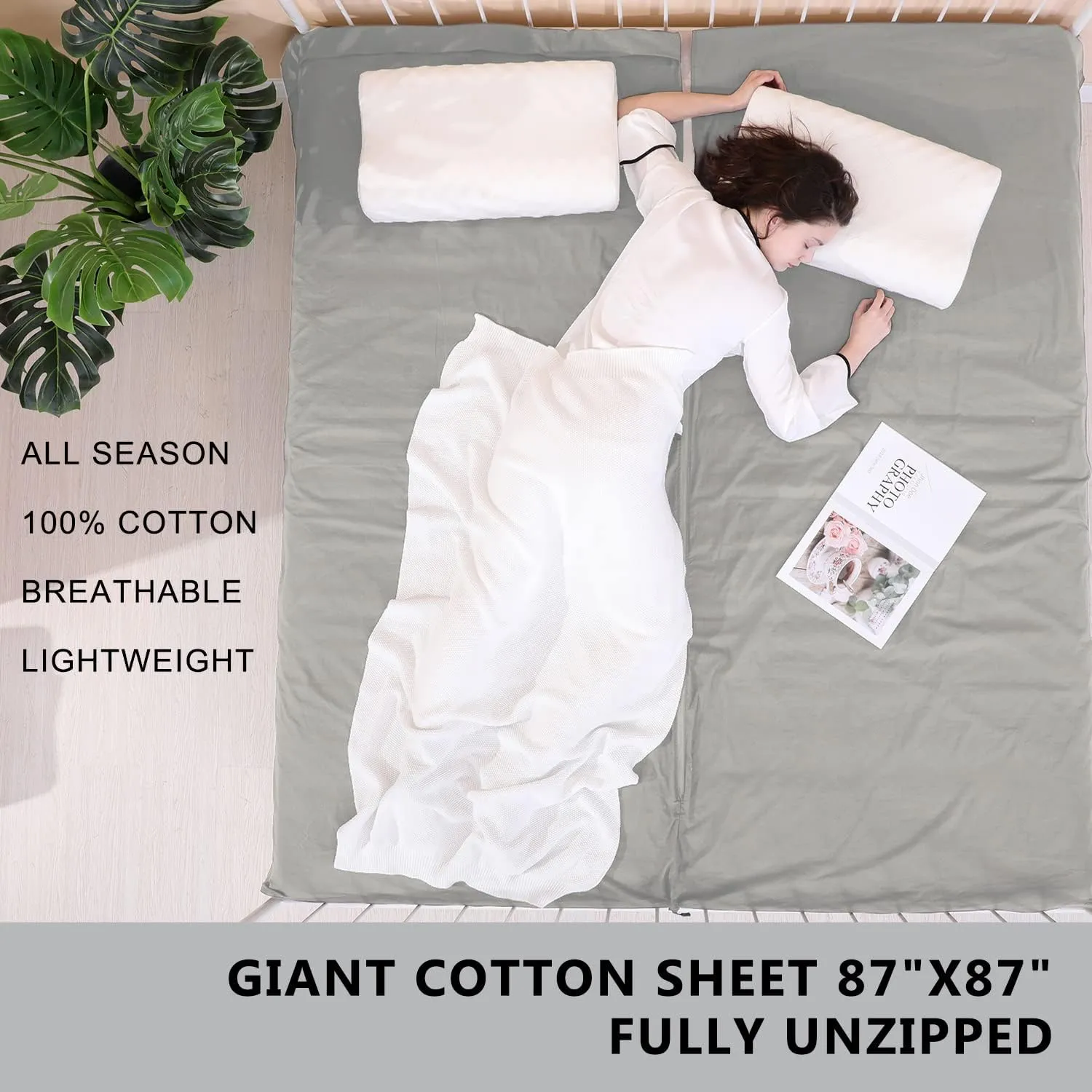 100% Cotton Sleeping Bag Liner with Full Length Zipper on 3 Sides; Single/Double Adult Sleep Sack for Travel & Camping, Multifunctional Travel Sheets (Unzipped 87”x87”) for Hotel, Lightweight