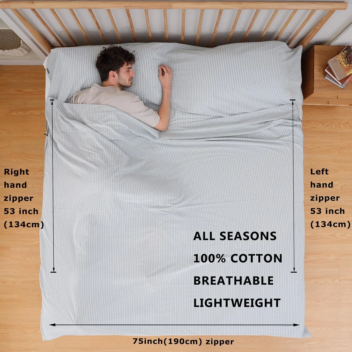 100% Cotton Sleeping Bag Liner with Full Length Zipper on 3 Sides; Single/Double Adult Sleep Sack for Travel & Camping, Multifunctional Travel Sheets (Unzipped 87”x87”) for Hotel, Lightweight