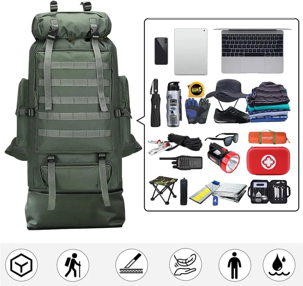 100L Camping Hiking Backpack Waterproof Military Tactical Backpack Sports Survival Backpacks for Traveling and Hiking (Military Green)