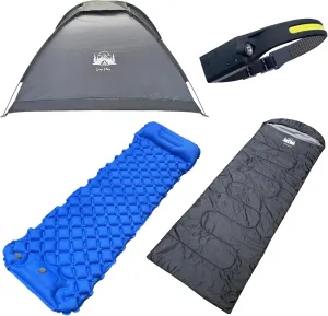 1/2 Person Waterproof Compact Tent Camping Easy to Install, with Sleeping Bag, Mattress, LED Rechargeable Headlamp – Compact, Ultralight, 3-Season Gear, Black