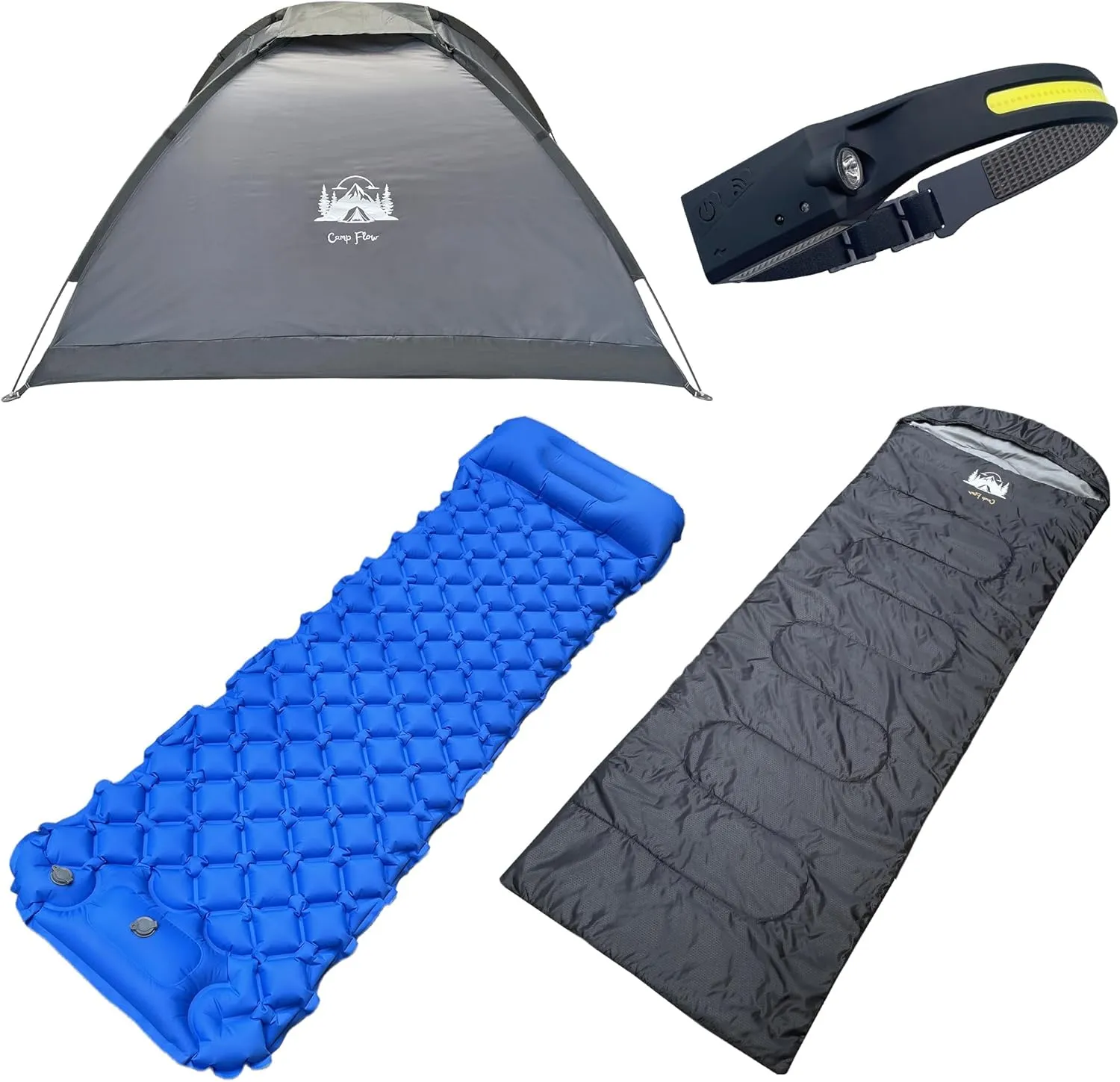 1/2 Person Waterproof Compact Tent Camping Easy to Install, with Sleeping Bag, Mattress, LED Rechargeable Headlamp – Compact, Ultralight, 3-Season Gear, Black