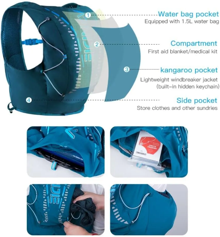 12L High Capacity Hydration Backpack with 8 Pockets Lightweight Trail Running Vest for Hiking, Cycling, Climbing, Camping