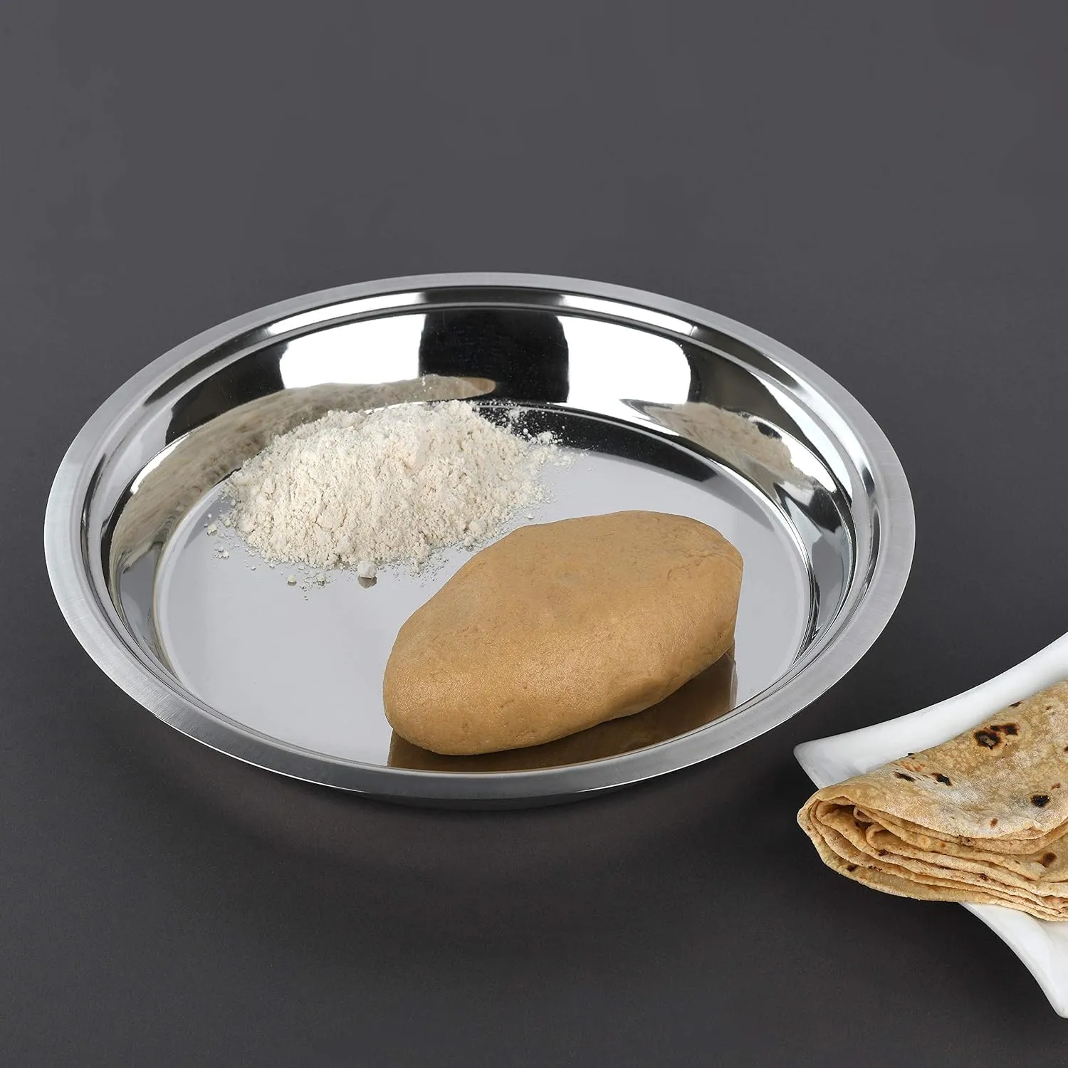 14-Inch Stainless Steel Parat – Traditional Indian Dough Kneading Tray, Paratha Maker for Regular Use, Durable Atta Kneading Tool for Everyday Cooking
