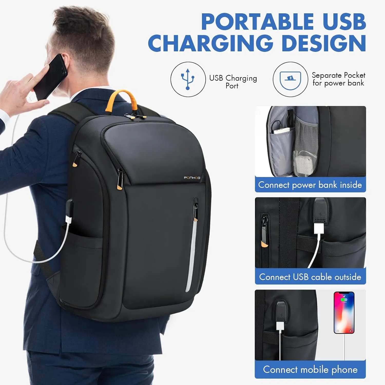 17 Inch Laptop Backpack for Men, Business Travel Anti-Theft Backpack with USB Charging Port, Water Resistant Computer Bag Carry On Flight Approved for Work College Weekender, Black