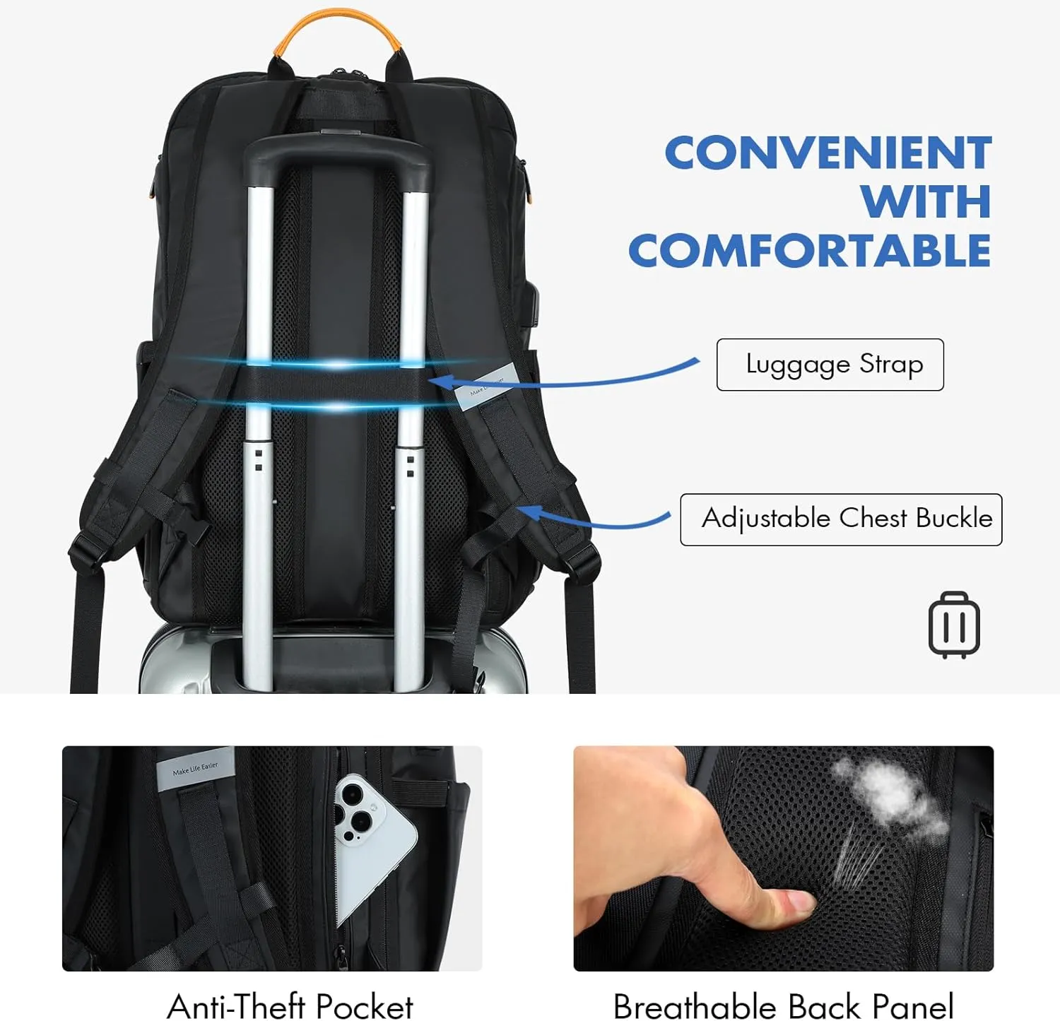 17 Inch Laptop Backpack for Men, Business Travel Anti-Theft Backpack with USB Charging Port, Water Resistant Computer Bag Carry On Flight Approved for Work College Weekender, Black