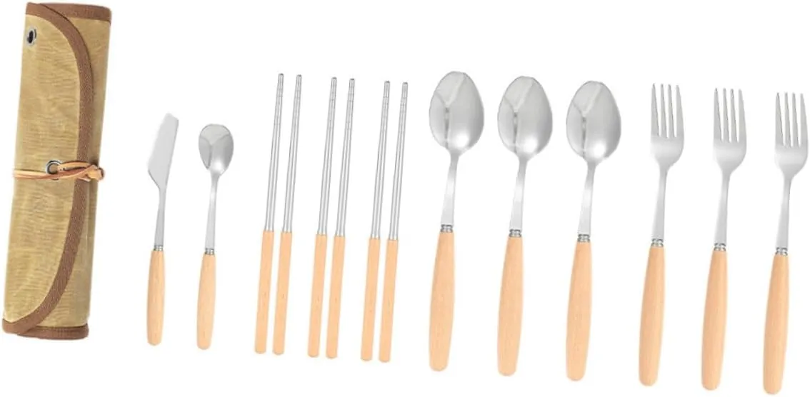 1Set Camping Utensil Kit Portable Travel Silverware Set with Stainless Steel Fork Spoon Chopsticks for Outdoor Activities Bbqs Picnics and Hiking Essentials