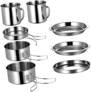 1Set Portable Stainless Steel Camping Cookware Picnic Cooking Kit for Outdoor Cooking Hiking and Backpacking Non Stick Durable and Easy to Store
