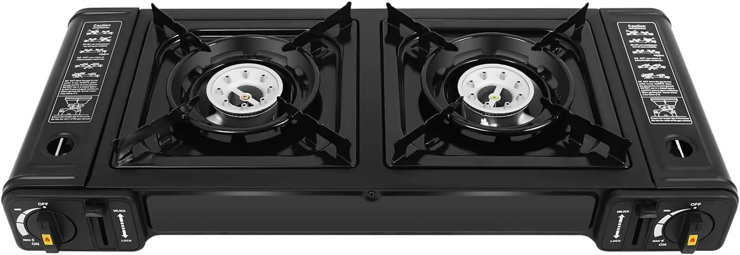 2-Burner Butane Camping Stove, Portable Camping Cooktop, Countertop Double Burner Camp Stove with Carrying Case, Auto Ignition Camping Burner for RV, BBQ