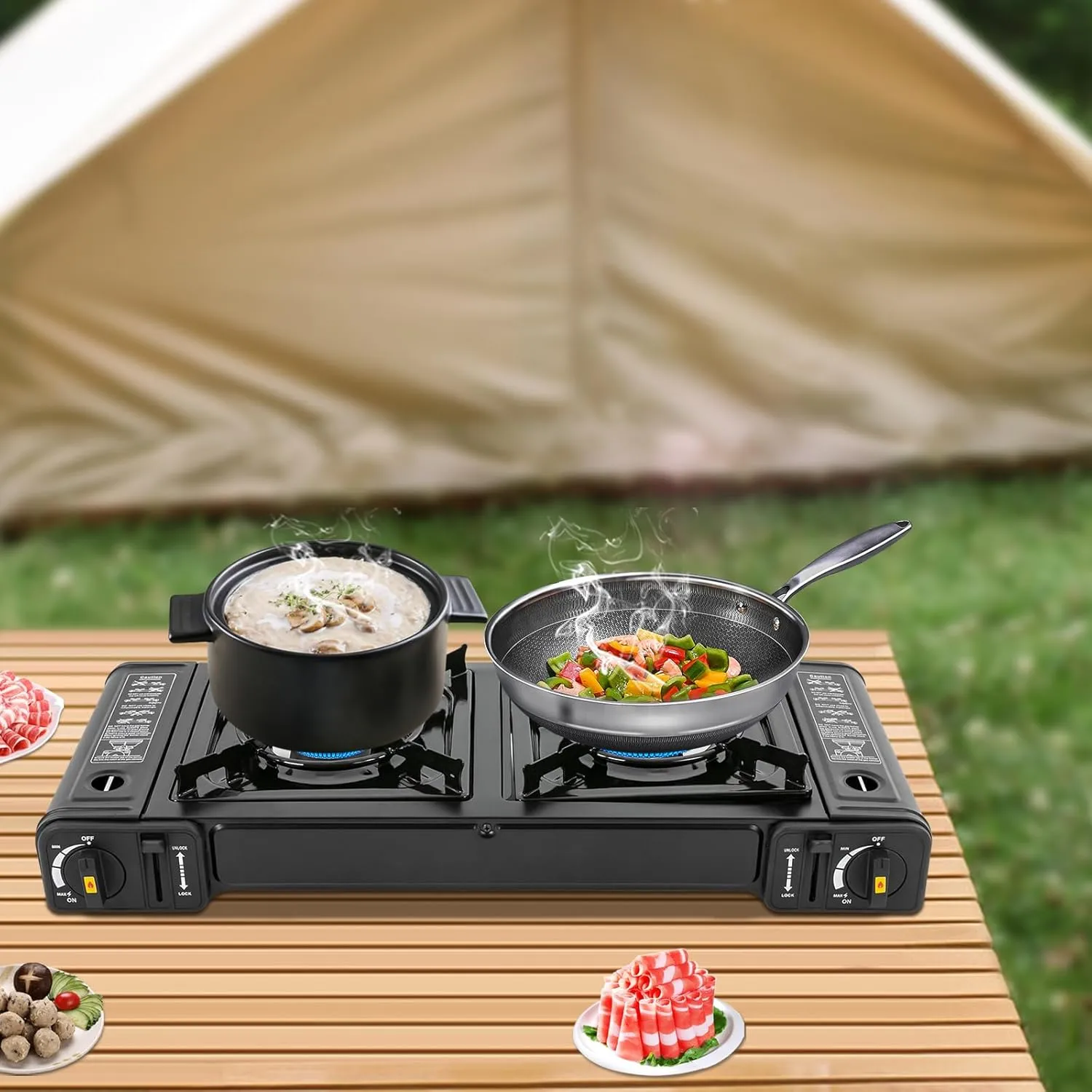 2-Burner Butane Camping Stove, Push-Button Instant Ignition, Portable Camp Grill, Adjustable Burners,Auto Ignition Camping Burner LPG for Beach Cookouts,BBQ (not include Baking tray)
