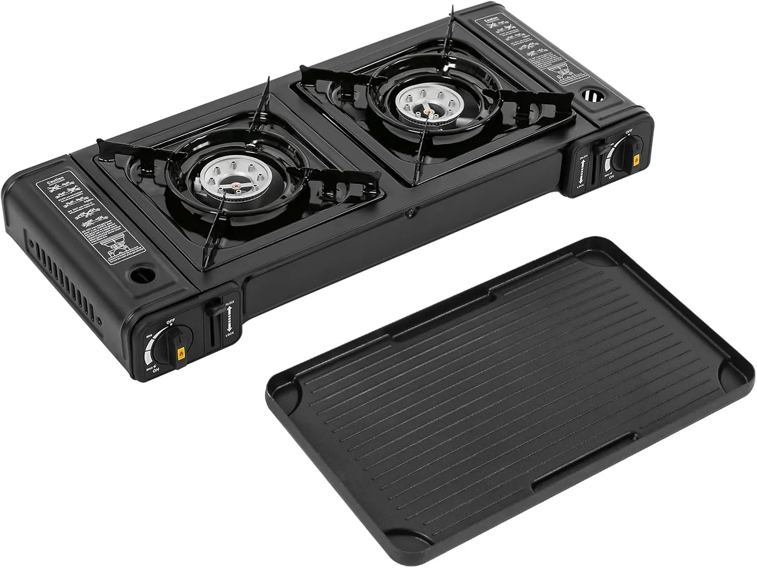 2 Burner Butane Gas Stove with Grill Tray and Carry Case, Auto ignition Outdoor Gas Stove, Portable Camping Stove for Outdoor Cooking,Camping, RV, BBQ
