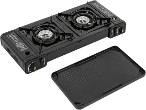 2 Burner Butane Gas Stove with Grill Tray and Carry Case, Auto ignition Outdoor Gas Stove, Portable Camping Stove for Outdoor Cooking,Camping, RV, BBQ
