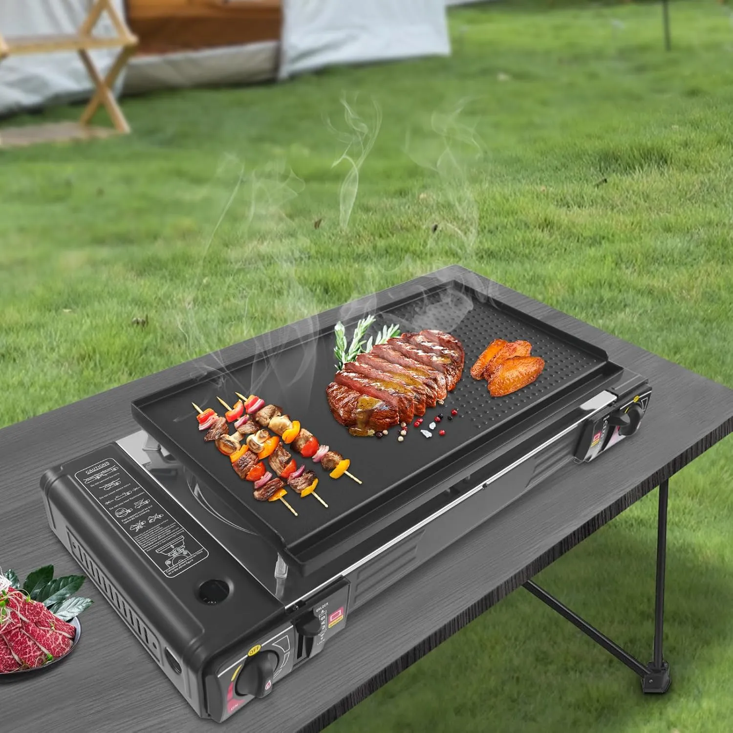 2 Burner Butane Stove Butane Camping Stove with Grill Tray and Carrying Case, Portable Camping Stove Outdoor Travel Gas Stove for Camping, Home, BBQ