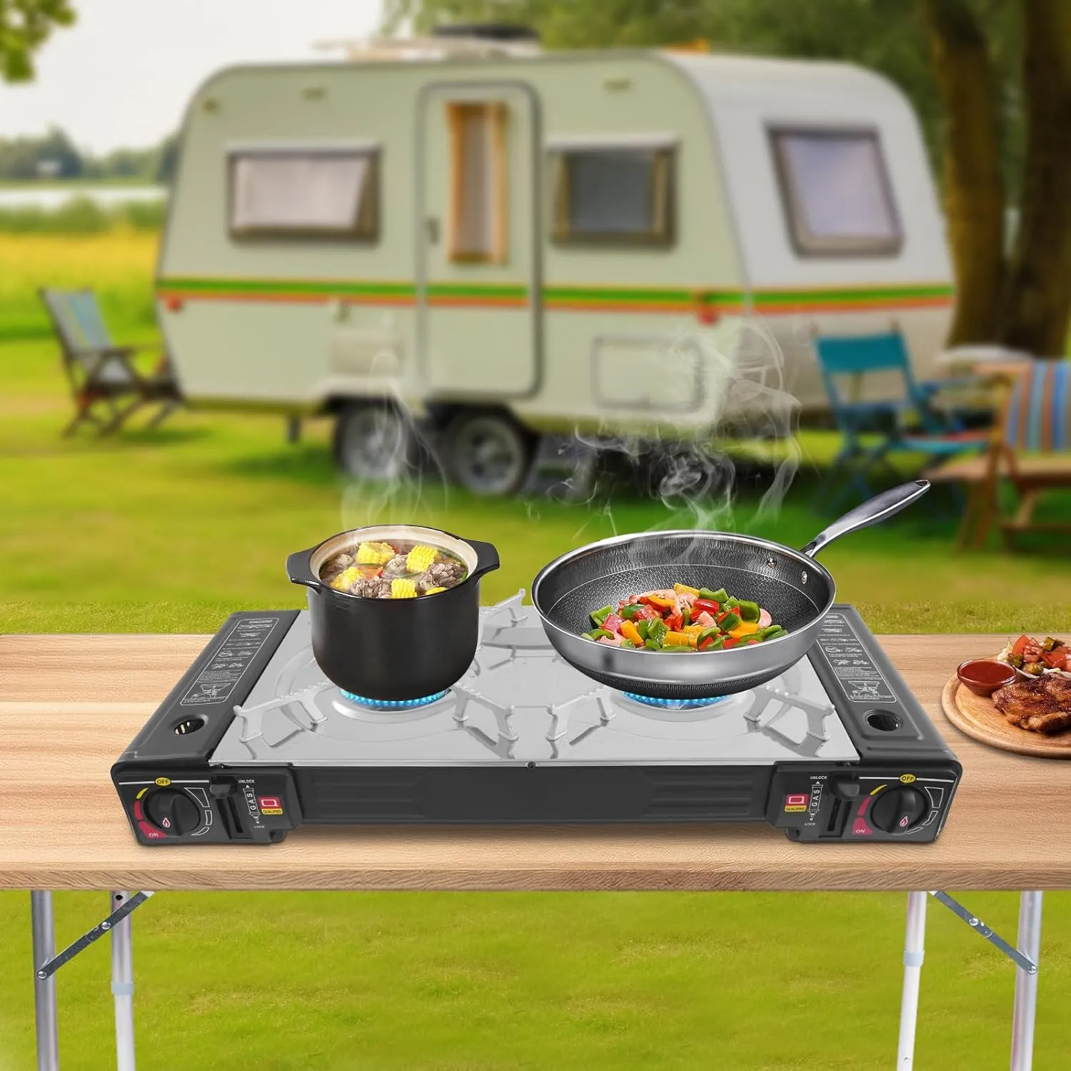 2 Burner Butane Stove Butane Camping Stove with Grill Tray and Carrying Case, Portable Camping Stove Outdoor Travel Gas Stove for Camping, Home, BBQ