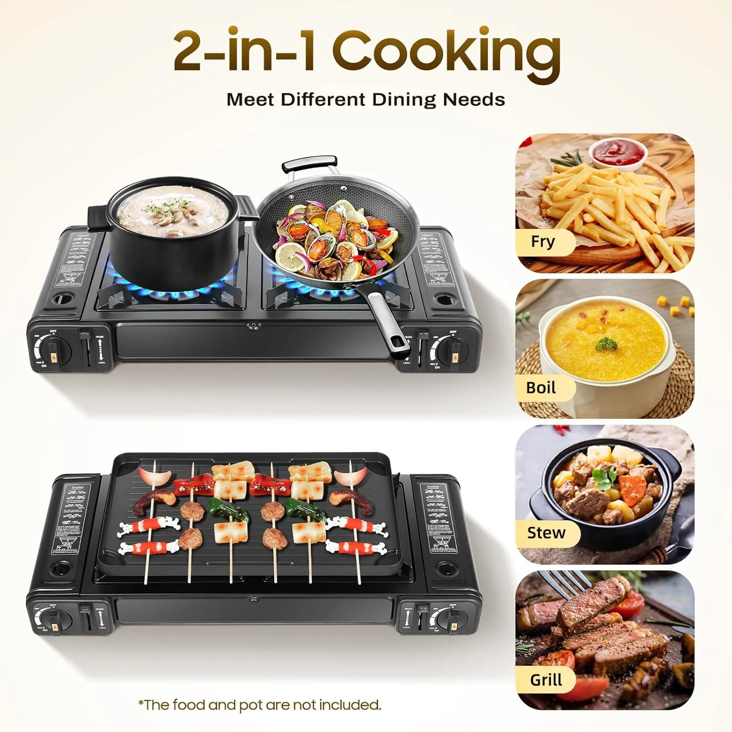 2-Burner Butane Stove, Portable Camping Stove with Grill Tray, Automatic Ignition, Outdoor Travel Camp Stove with Carry Case & Push-Button for Camping Tailgating and Outdoor Cooking