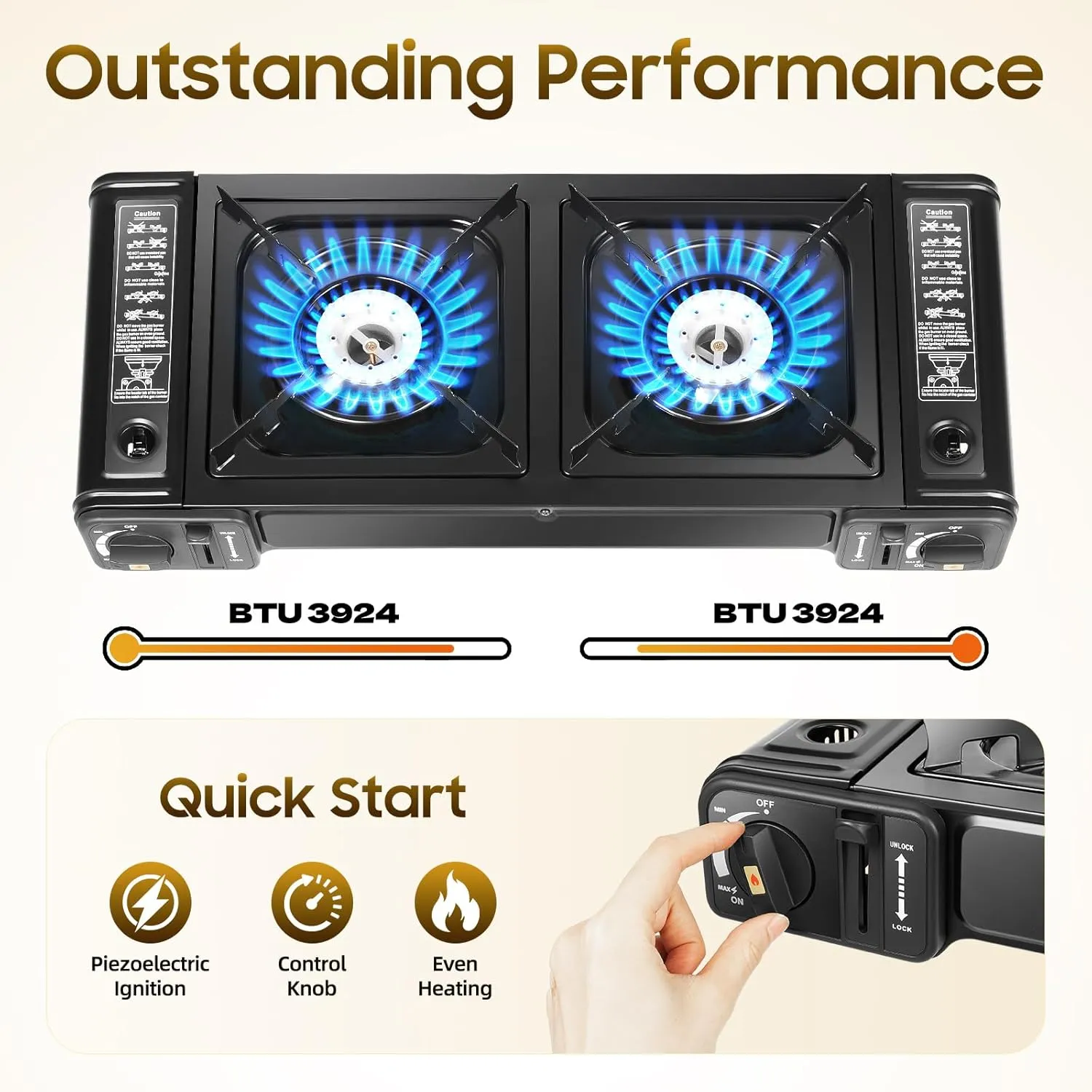 2-Burner Butane Stove, Portable Camping Stove with Grill Tray, Automatic Ignition, Outdoor Travel Camp Stove with Carry Case & Push-Button for Camping Tailgating and Outdoor Cooking