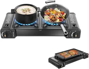 2 Burner Butane Stove Portable Dual Burner Butane Camping Stove with Grill Tray and Storage Case High-Power Outdoor Gas Grill for Outdoor Travel, Camping, BBQ, Home