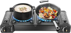 2-Burner Camping Stove Butane Camping Stove 3924 BTU Camping Stove with Grill Tray Portable Outdoor Camping Stove for Traveling, Picnicking