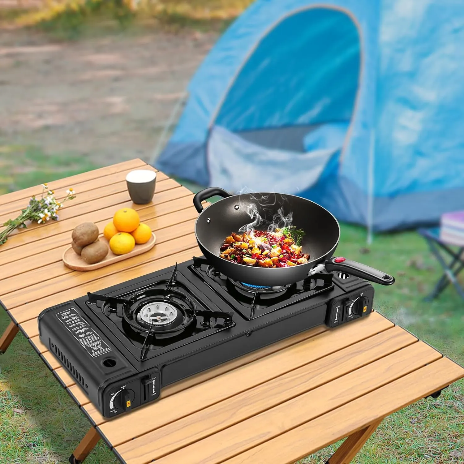 2-Burner Portable Camping Stove, Butane Camping Stove for Outdoor Cooking, Travel, BBQ, and Home Use (Black 2)