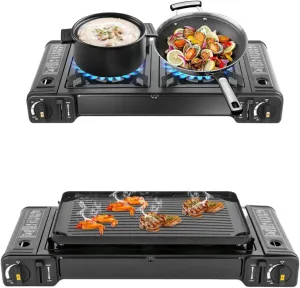 2 Burner Portable Camping Stove, Double Burner Butane Stove, Butane Camping Stove with Non-sticking Grill Tray, Portable Camping Stove, Outdoor Travel Camp Stove for Camping, BBQ, Home