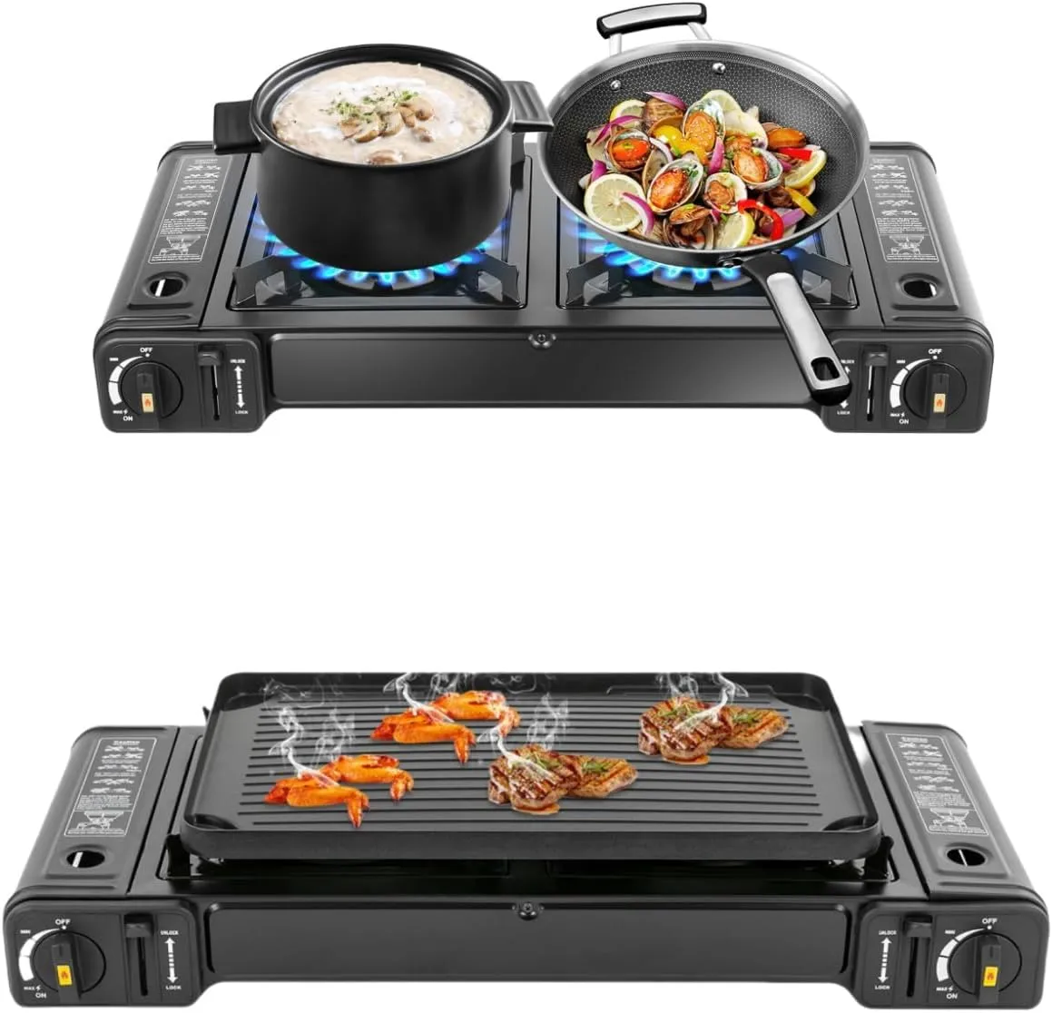 2 Burner Portable Camping Stove, Double Burner Butane Stove, Butane Camping Stove with Non-sticking Grill Tray, Portable Camping Stove, Outdoor Travel Camp Stove for Camping, BBQ, Home