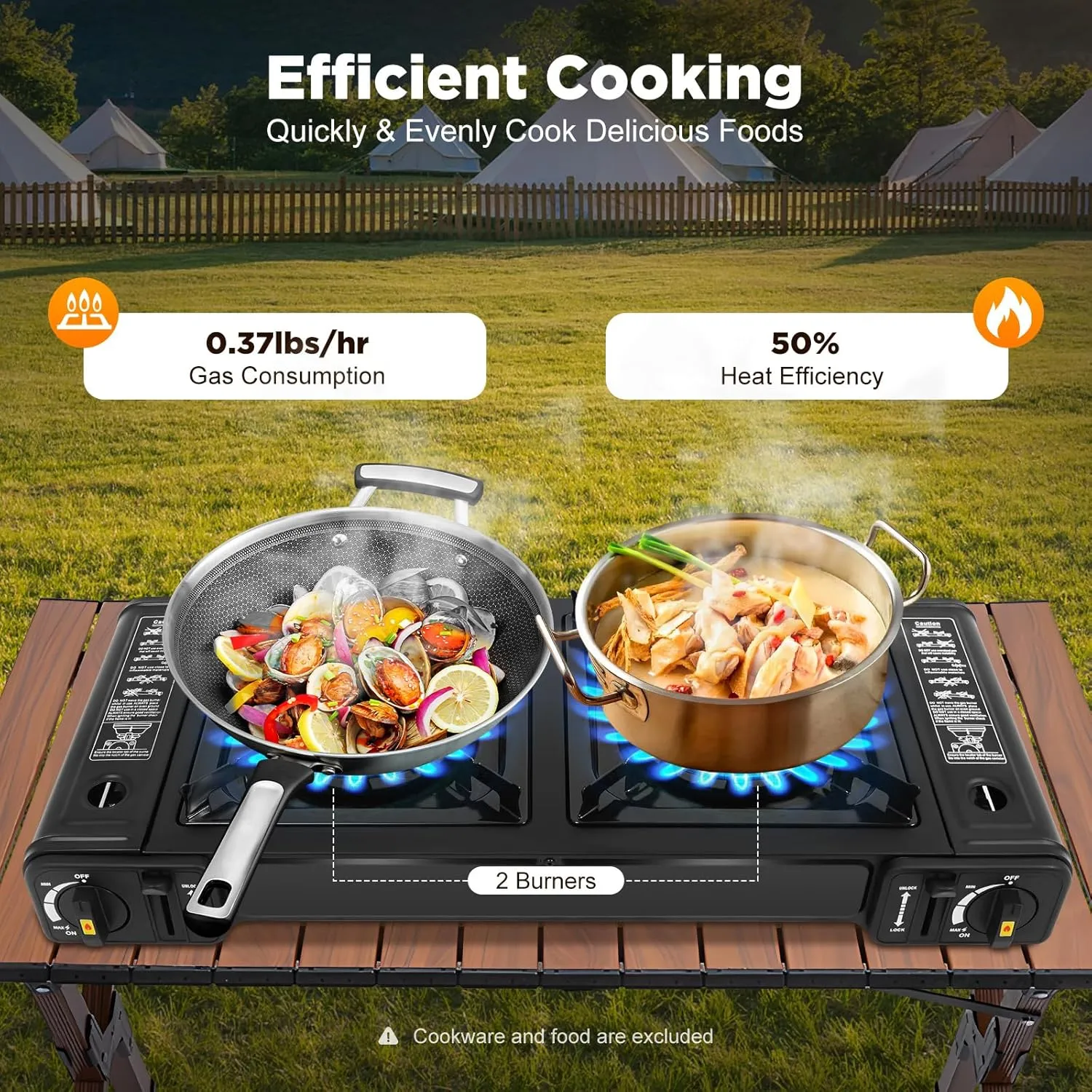 2 Burners Camping Stove With Carrying Case Portable Gas Stove Outdoor Camp Stove Emergency Cooking Stove Butane Stove For Camping Hiking (Grill Pan Excluded)
