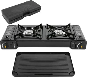 2 Burners Portable Stove With Carrying Case Butane Camping Stove With Grill Tray Included Outdoor Camp Stove Gas Stove For Camping/Road Trips (Grill Included Pan)