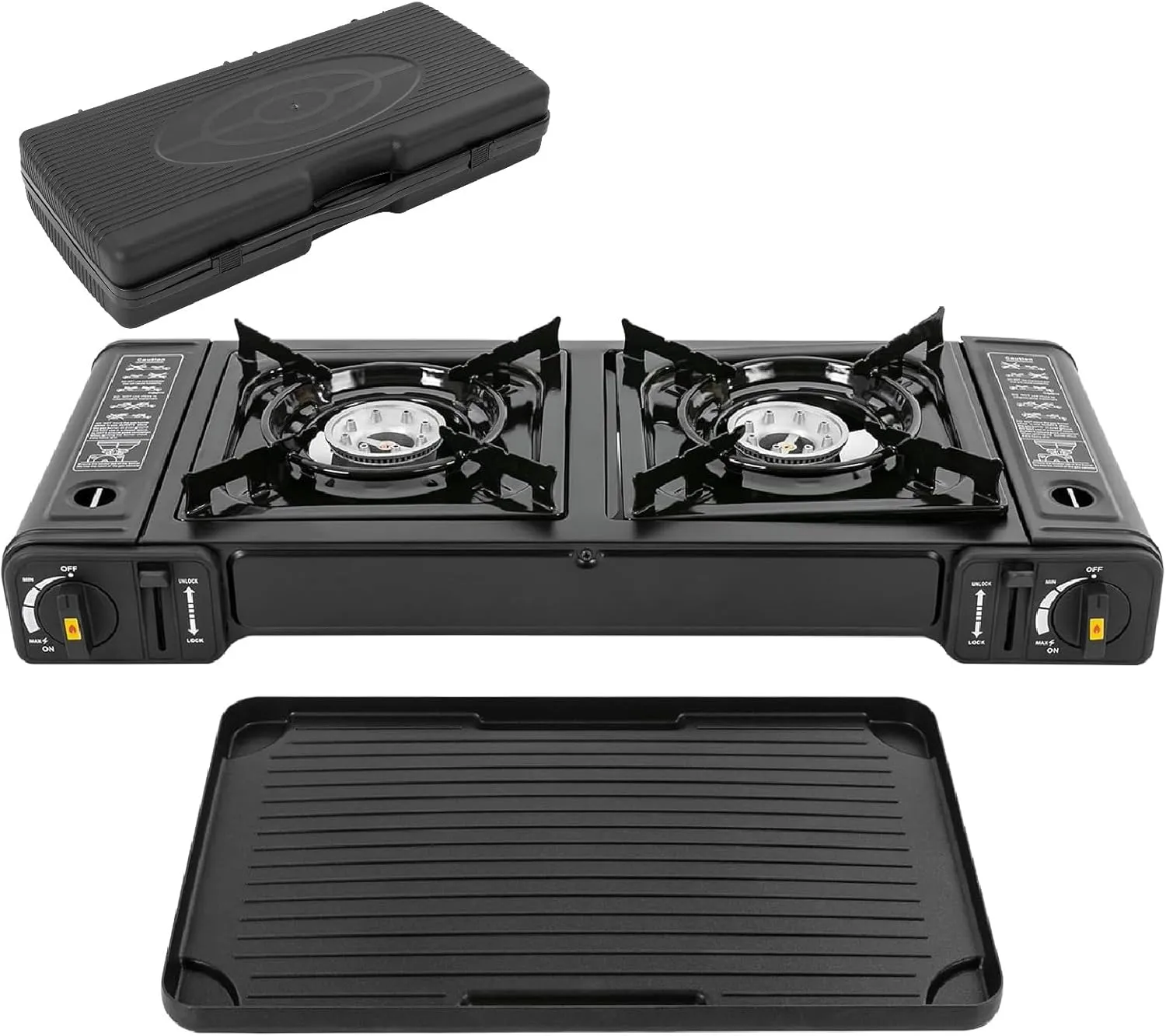 2 Burners Portable Stove With Carrying Case Butane Camping Stove With Grill Tray Included Outdoor Camp Stove Gas Stove For Camping/Road Trips (Grill Included Pan)
