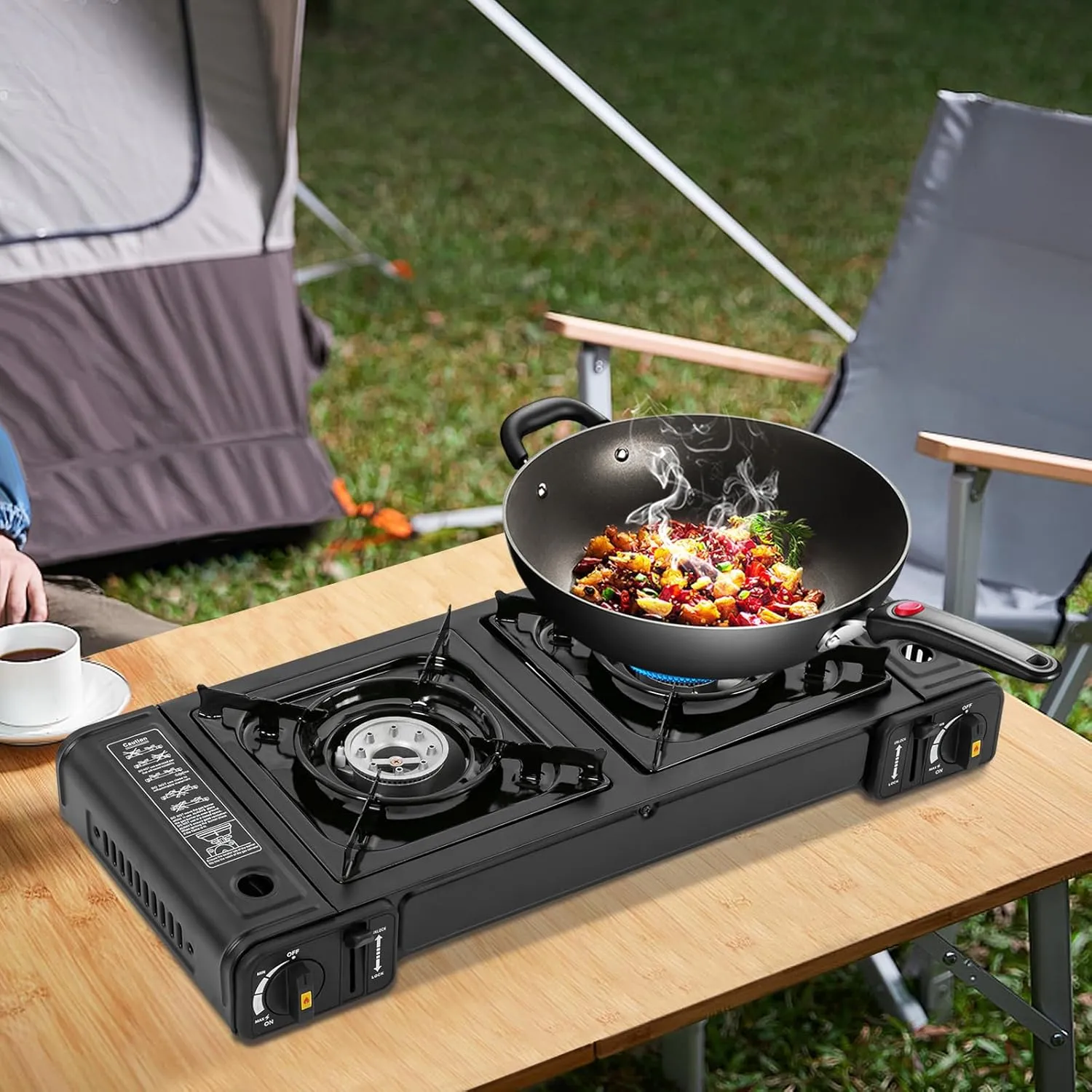 2 Burners Portable Stove With Carrying Case Butane Camping Stove With Grill Tray Included Outdoor Camp Stove Gas Stove For Camping/Road Trips (Grill Pan Excluded)