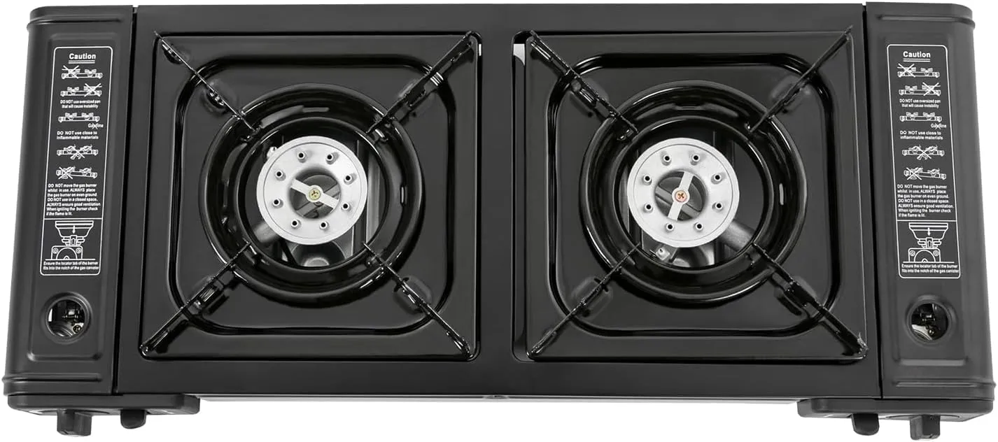 2 Burners Portable Stove With Carrying Case Butane Camping Stove With Grill Tray Included Outdoor Camp Stove Gas Stove For Camping/Road Trips (Grill Pan Excluded)