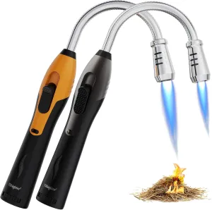 2 Pack Butane Lighter Long Torch Lighter for Grill, Refillable Candles Lighter with Fuel Window Flexible Long Lighter for Fireplace BBQ (No Butane Included), Black and Oranger