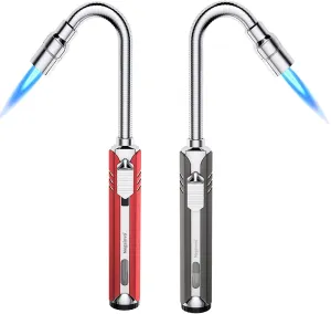 2 Pack Butane Lighter Torch Long Lighter Refillable Jet Lighter Windproof Lighter with Visual Fuel Window Flexible Neck Lighter for Grill Fireplace Stove Camping Kitchen (No Butane Included)