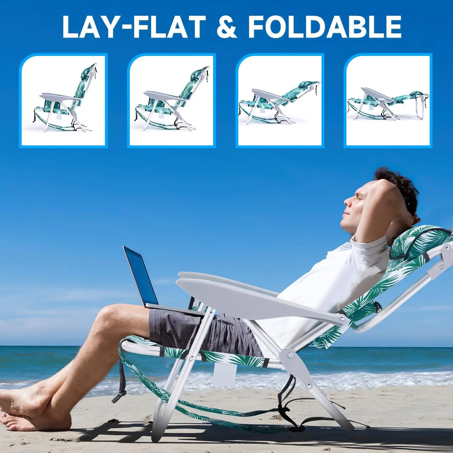 2 Pack Lightweight Portable Camping Beach Chair for Adults, Outdoor Lay Flat Folding Beach Chairs with 4 Positions, Backpack Beach Chair with Towel Bar, Cooler Pouch, Cup Holder, Green Leaves