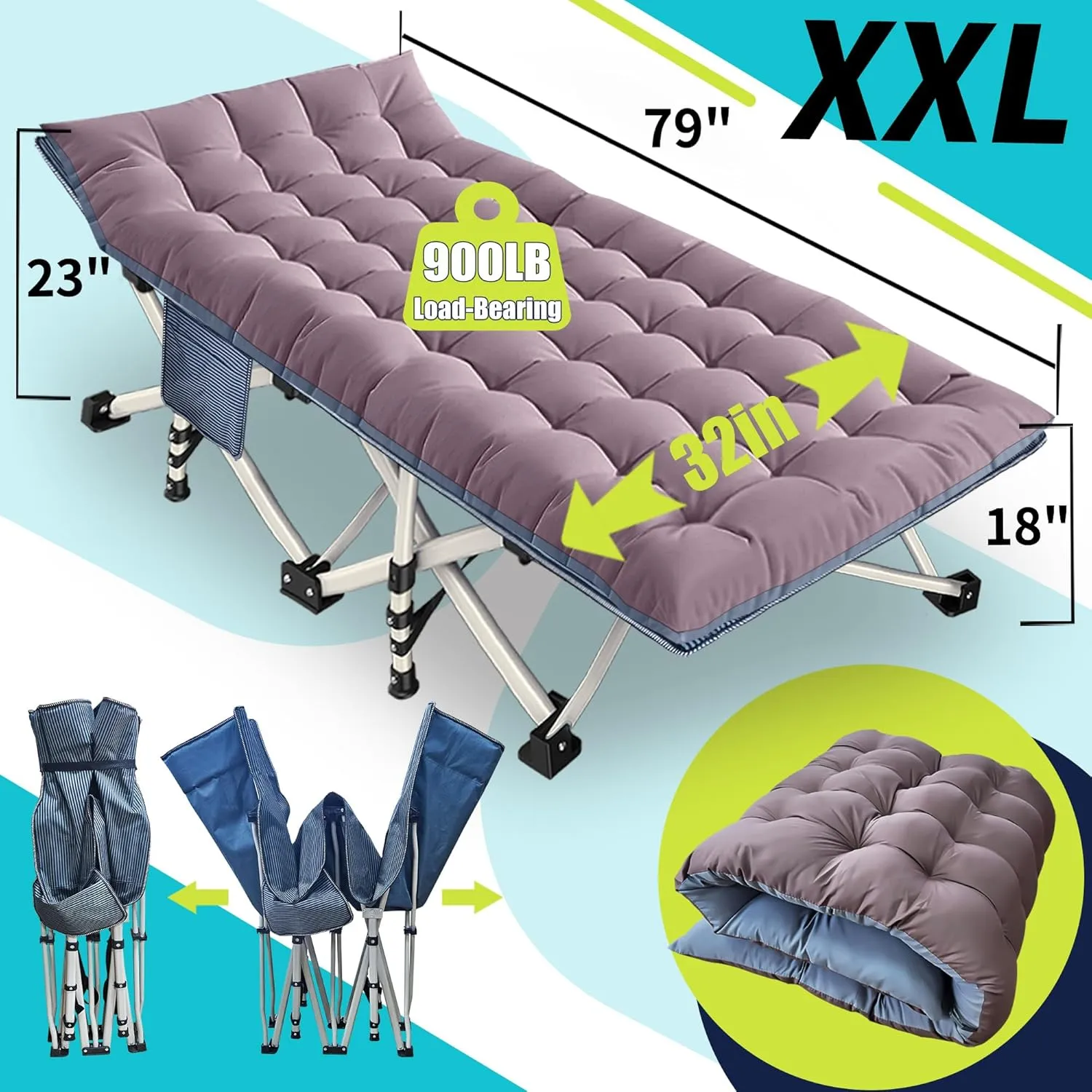 2-Pack Oversize Cot 79x18x32 Inch Extra Large Width XXL Camping Cot with Mattress Folding Cot Heavy Duty Comfortable Cots for Sleeping Guest Bed with Carry Bag Easy to Set-up for Home Indoor Outdoor