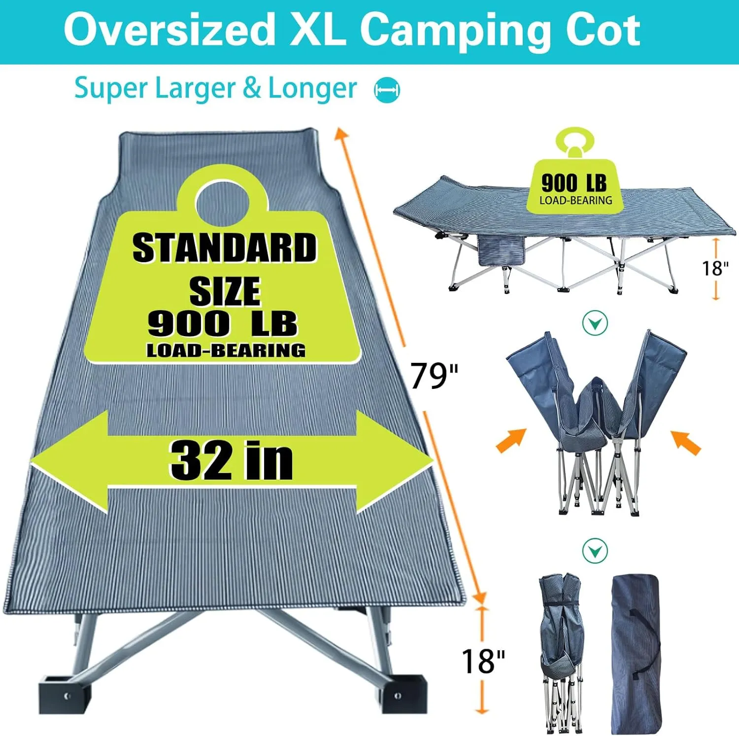 2-Pack Oversize Cot 79x18x32 Inch Extra Large Width XXL Camping Cot with Mattress Folding Cot Heavy Duty Comfortable Cots for Sleeping Guest Bed with Carry Bag Easy to Set-up for Home Indoor Outdoor
