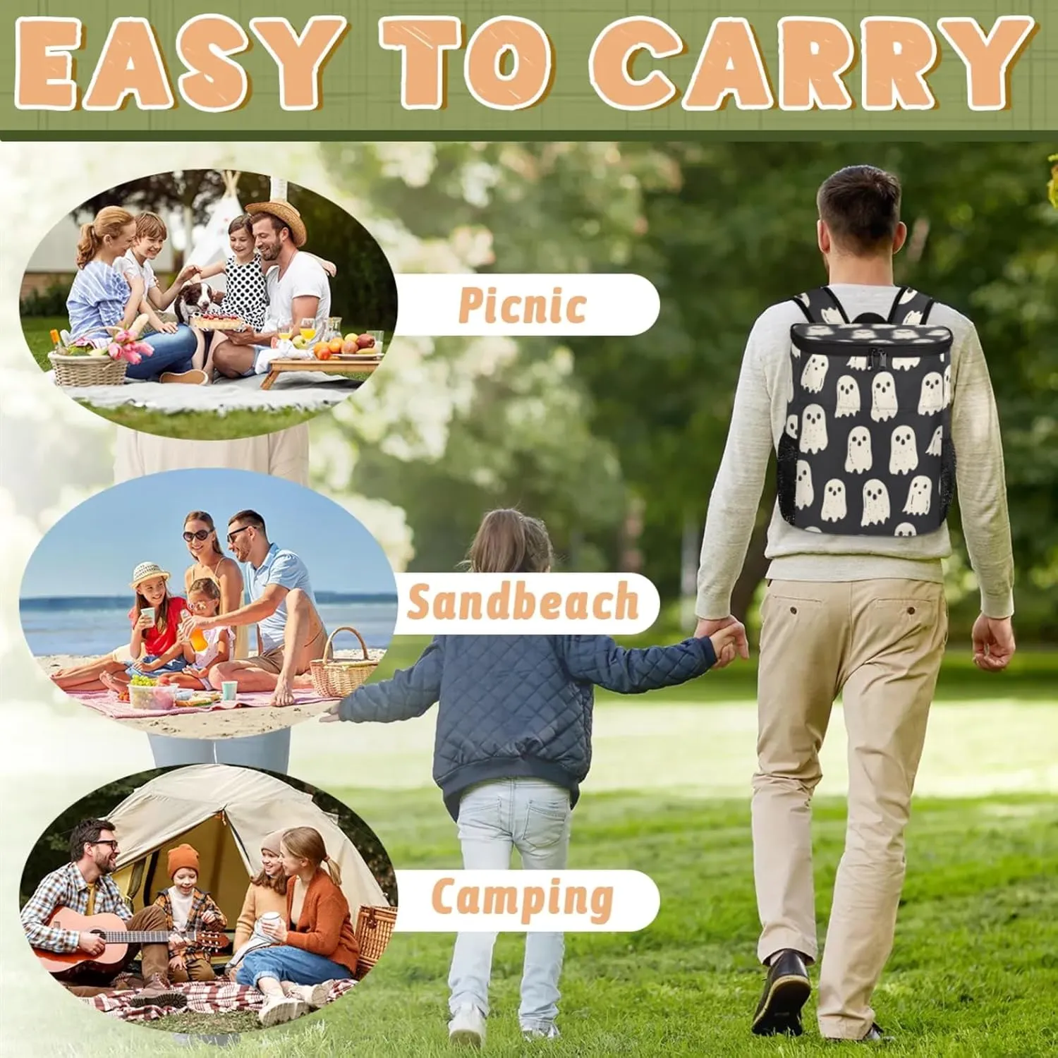 20-Hour Insulated Backpack Cooler Halloween Ghosts Bats Leakproof Cooler Bag Portable Cooler Backpack