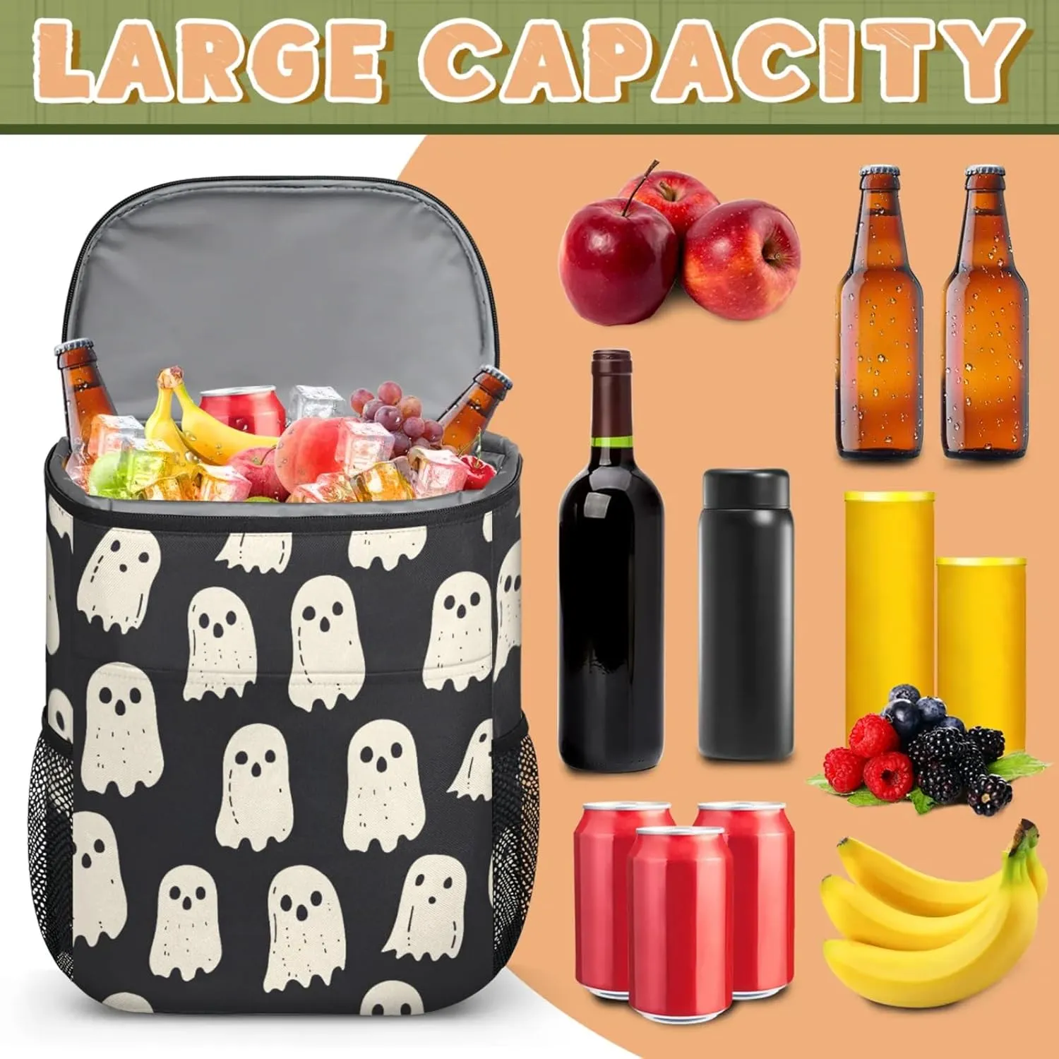 20-Hour Insulated Backpack Cooler Halloween Ghosts Bats Leakproof Cooler Bag Portable Cooler Backpack