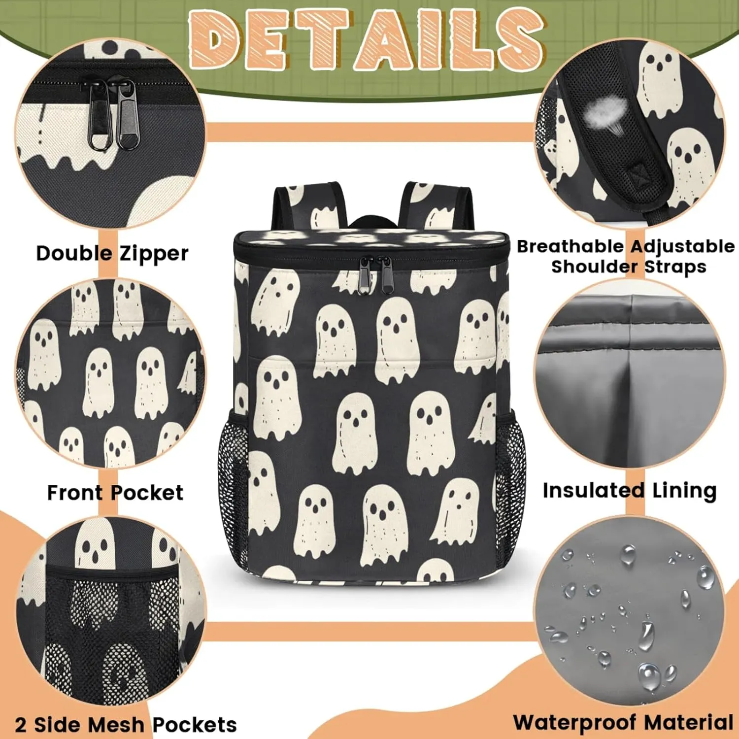 20-Hour Insulated Backpack Cooler Halloween Ghosts Bats Leakproof Cooler Bag Portable Cooler Backpack