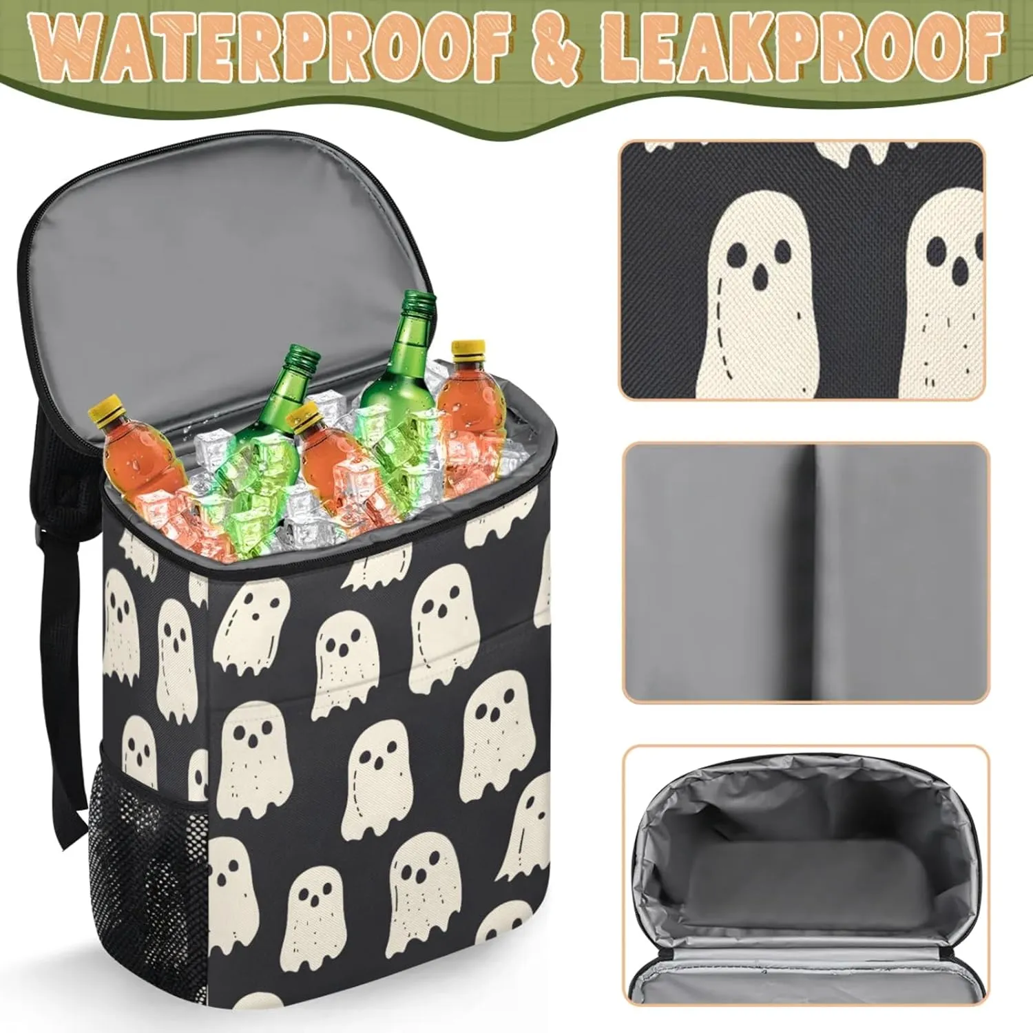 20-Hour Insulated Backpack Cooler Halloween Ghosts Bats Leakproof Cooler Bag Portable Cooler Backpack